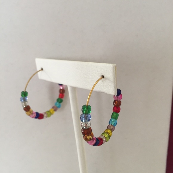 HAND CRAFTED Hoop Earrings Jewel Tones Multicolor Rainbow Pierced - Picture 5 of 12